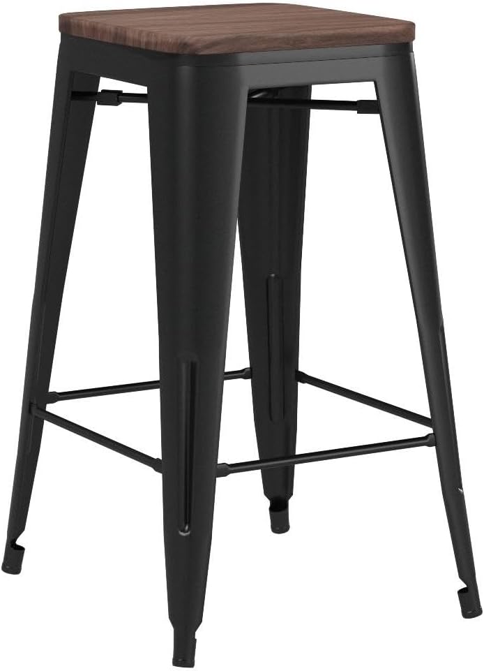 24" Wood Seat Black Bar Stools Set 4