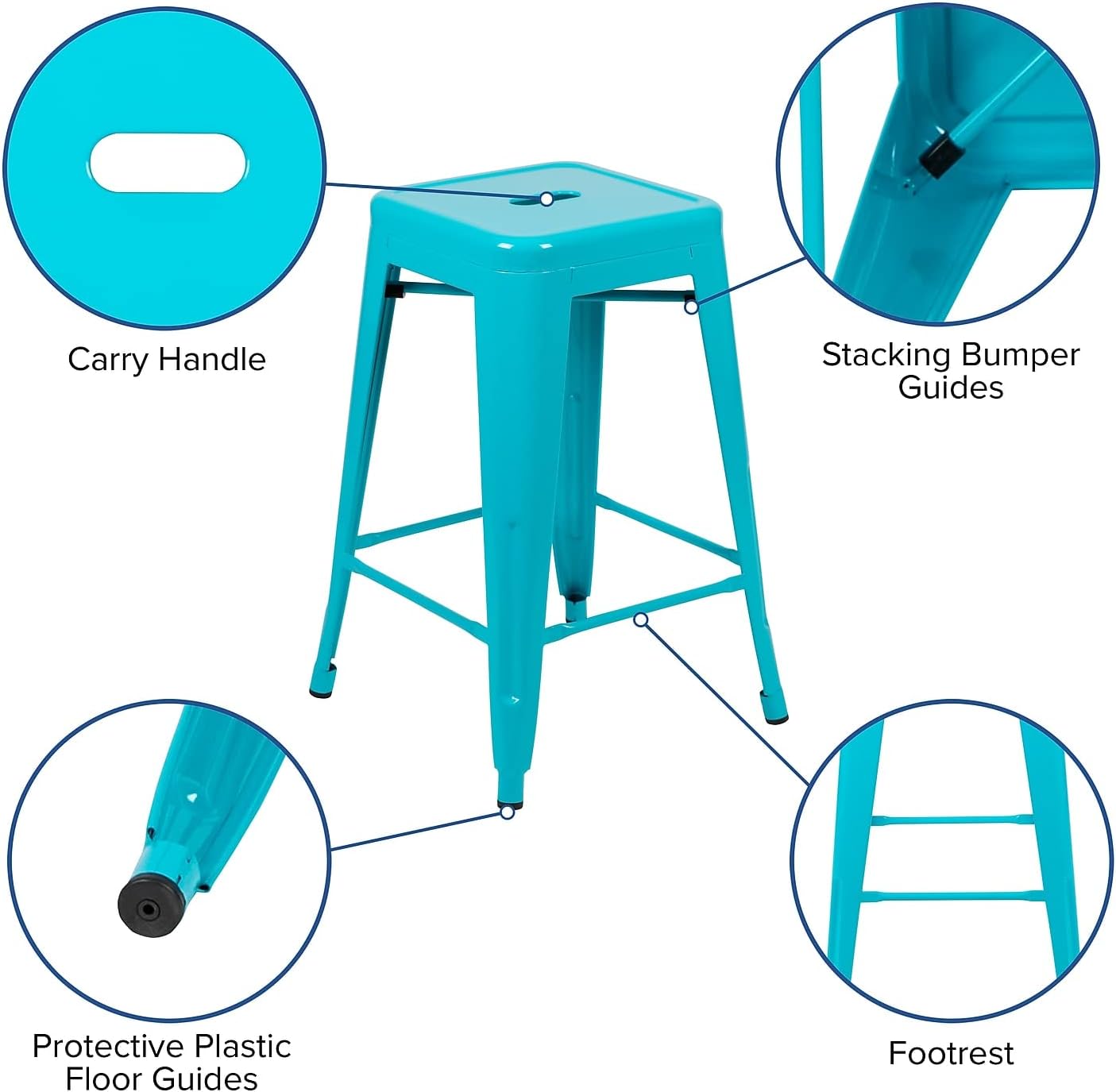 24" Teal Stackable Metal Counter Bar Stools Set of 4