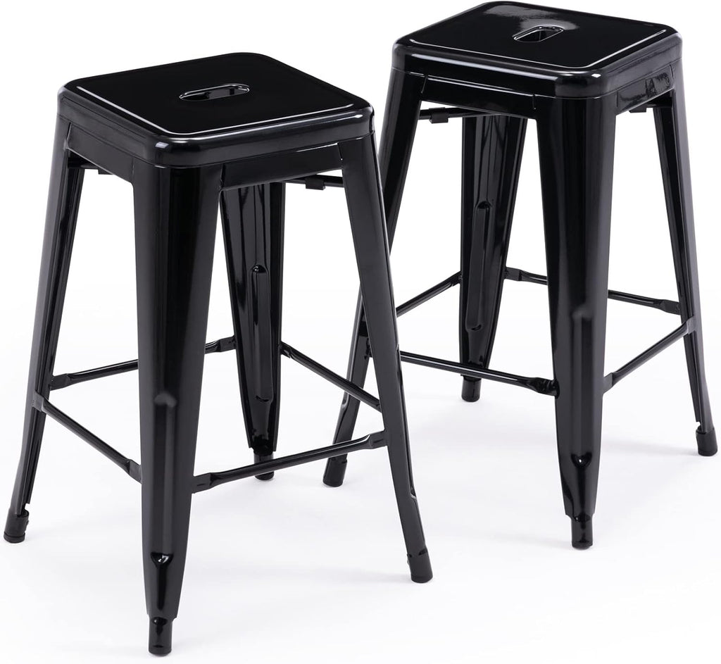 24" Black Square Seat Metal Backless Bar Stools Set of 2