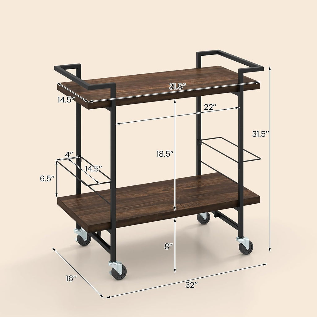2-Tier Rustic Rolling Bar Cart