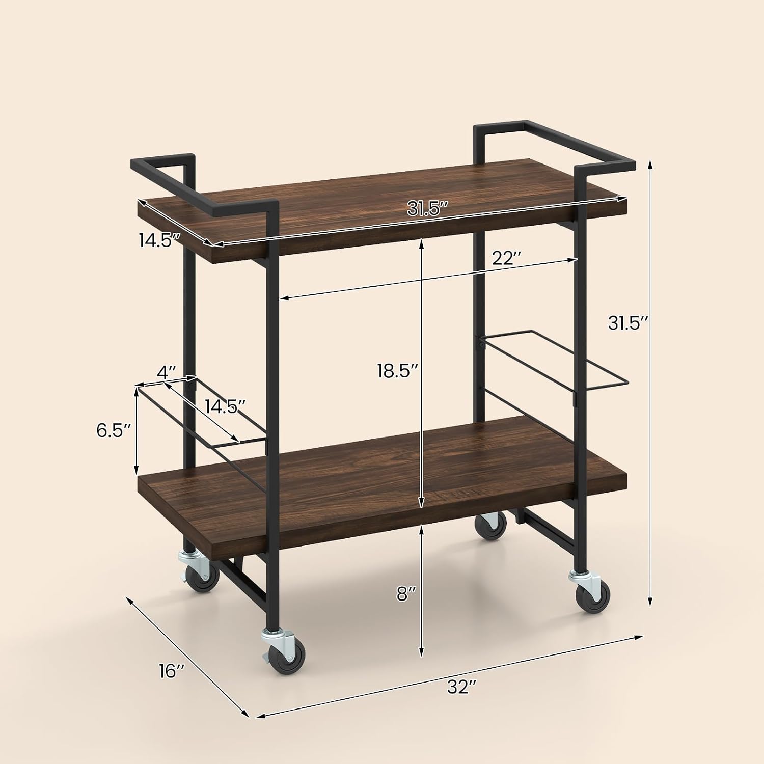 2-Tier Rustic Rolling Bar Cart