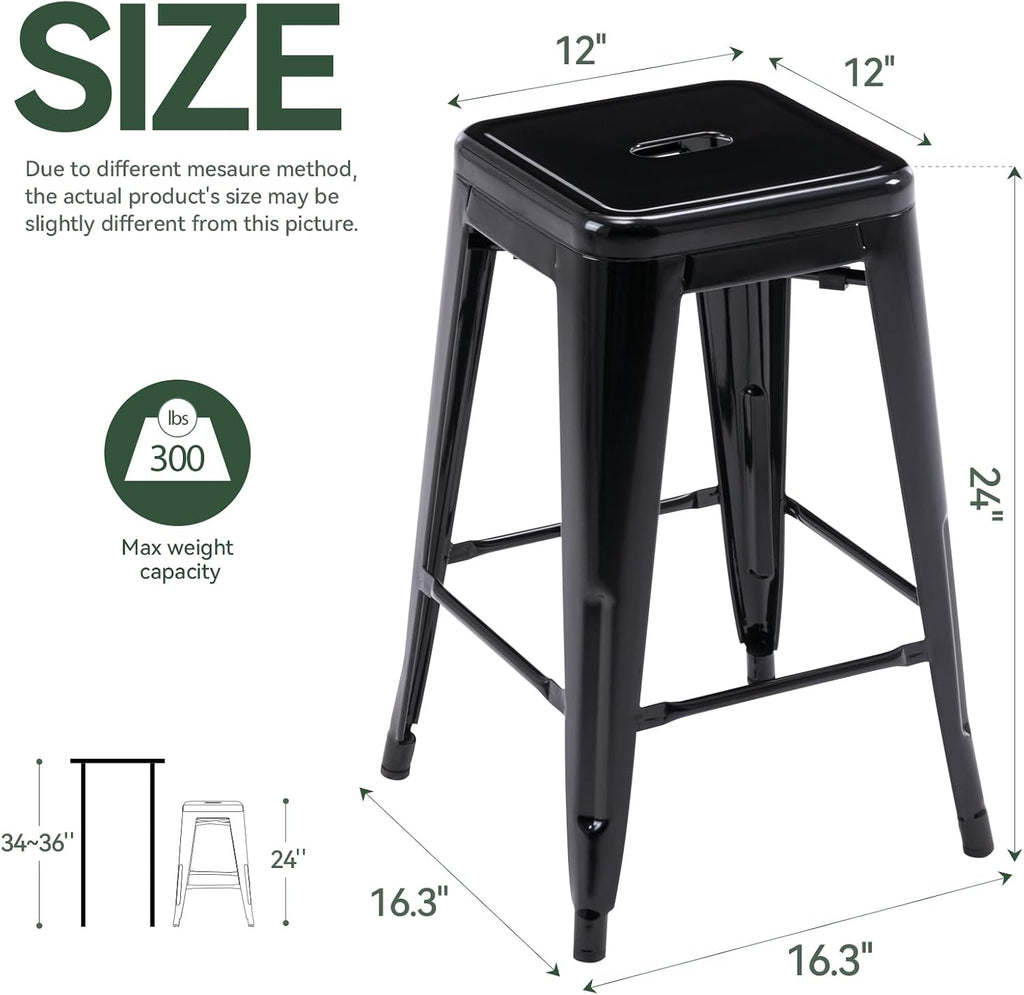 24" Black Square Seat Metal Backless Bar Stools Set of 2