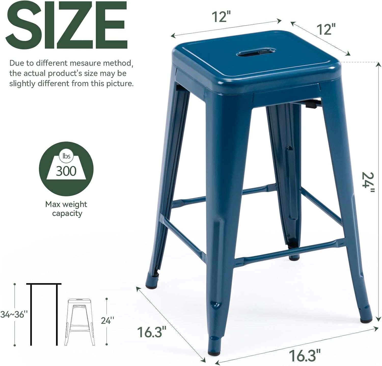 24" Deep Blue Square Bar Stools Set 2