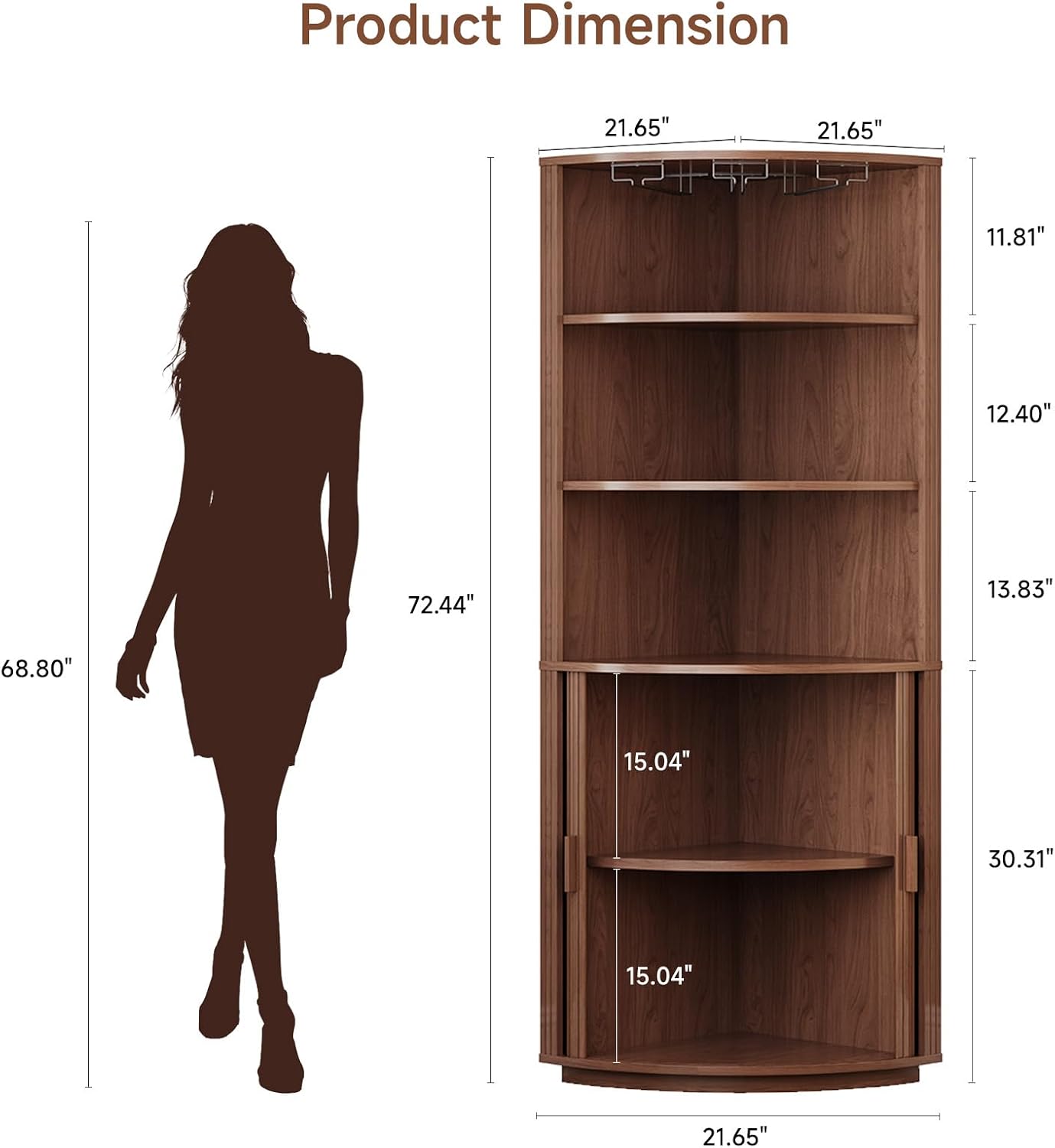 72" Walnut LED Fluted Corner Wine Bar Cabinet