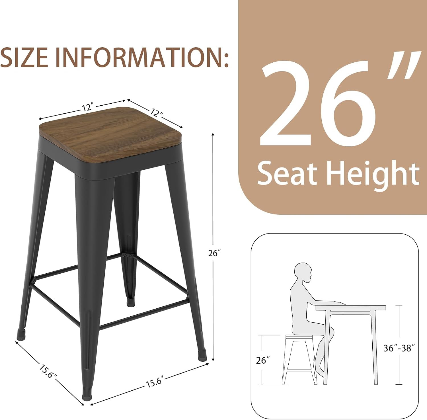 26" Black Industrial Metal Wood Seat Backless Bar Stools Set of 4