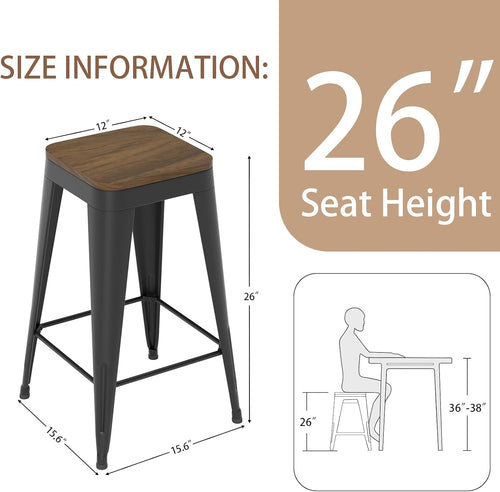 26" Black Industrial Metal Wood Seat Backless Bar Stools Set of 4