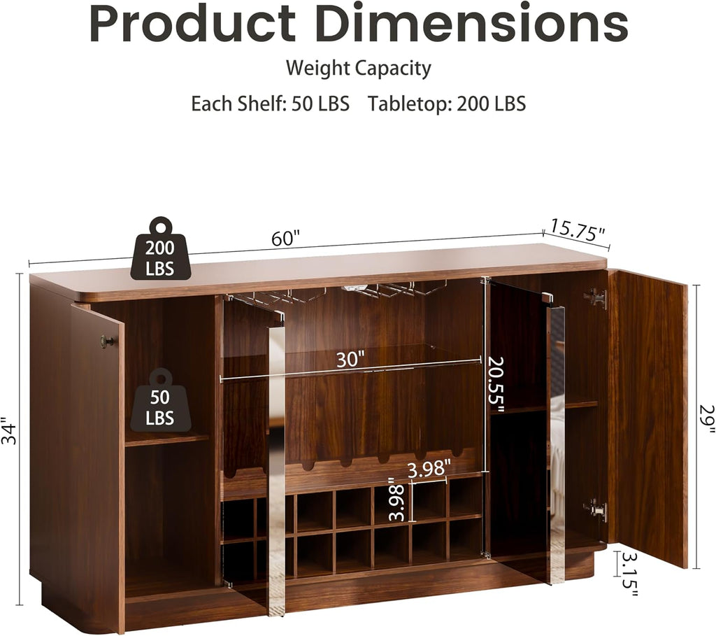 60" LED Glass Door Wine Coffee Bar Cabinet