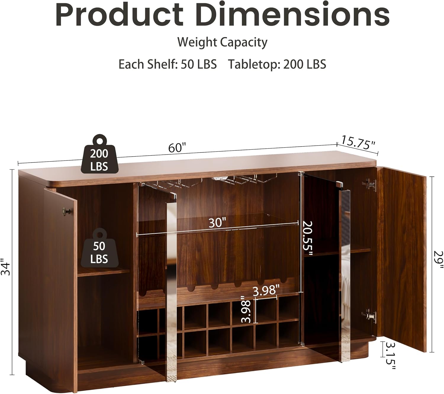 60" LED Glass Door Wine Coffee Bar Cabinet