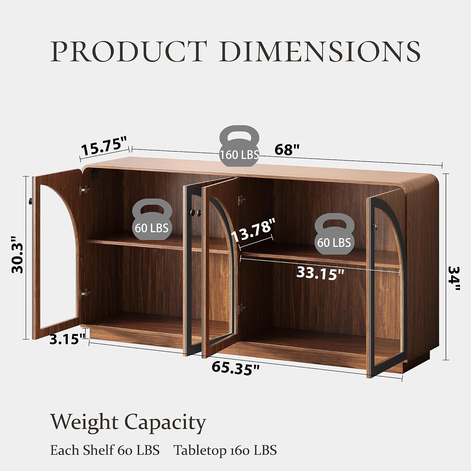 68" Walnut LED Arched Glass Door Wine Bar Credenza