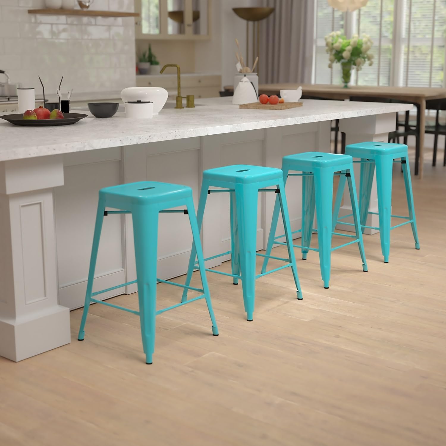 24" Teal Stackable Metal Counter Bar Stools Set of 4