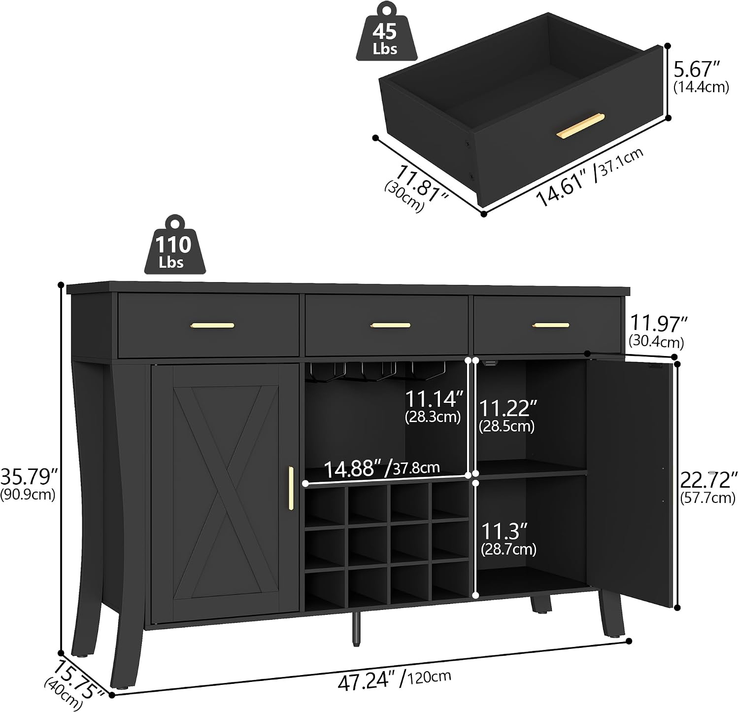 Black Farmhouse LED Wine Bar Cabinet
