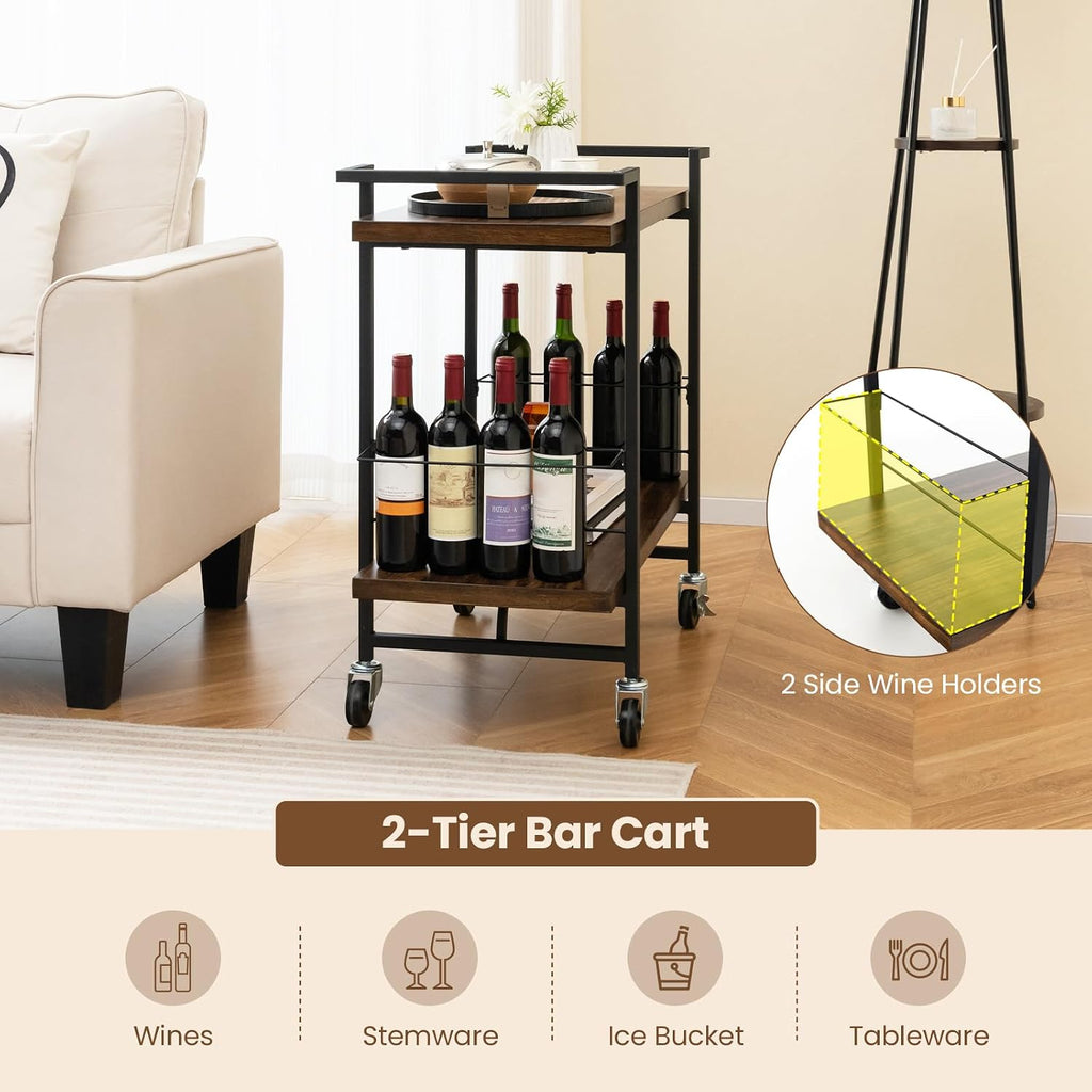 2-Tier Rustic Rolling Bar Cart
