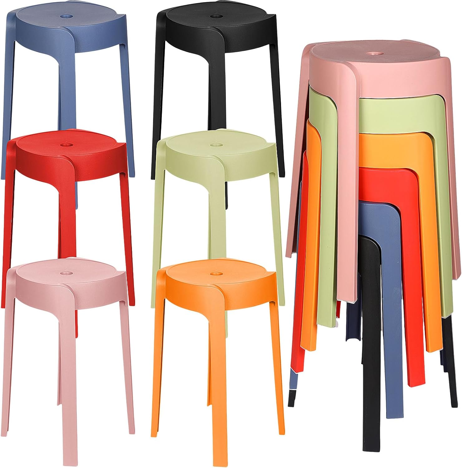 18" Colorful Round Plastic Stackable Stools Set of 6