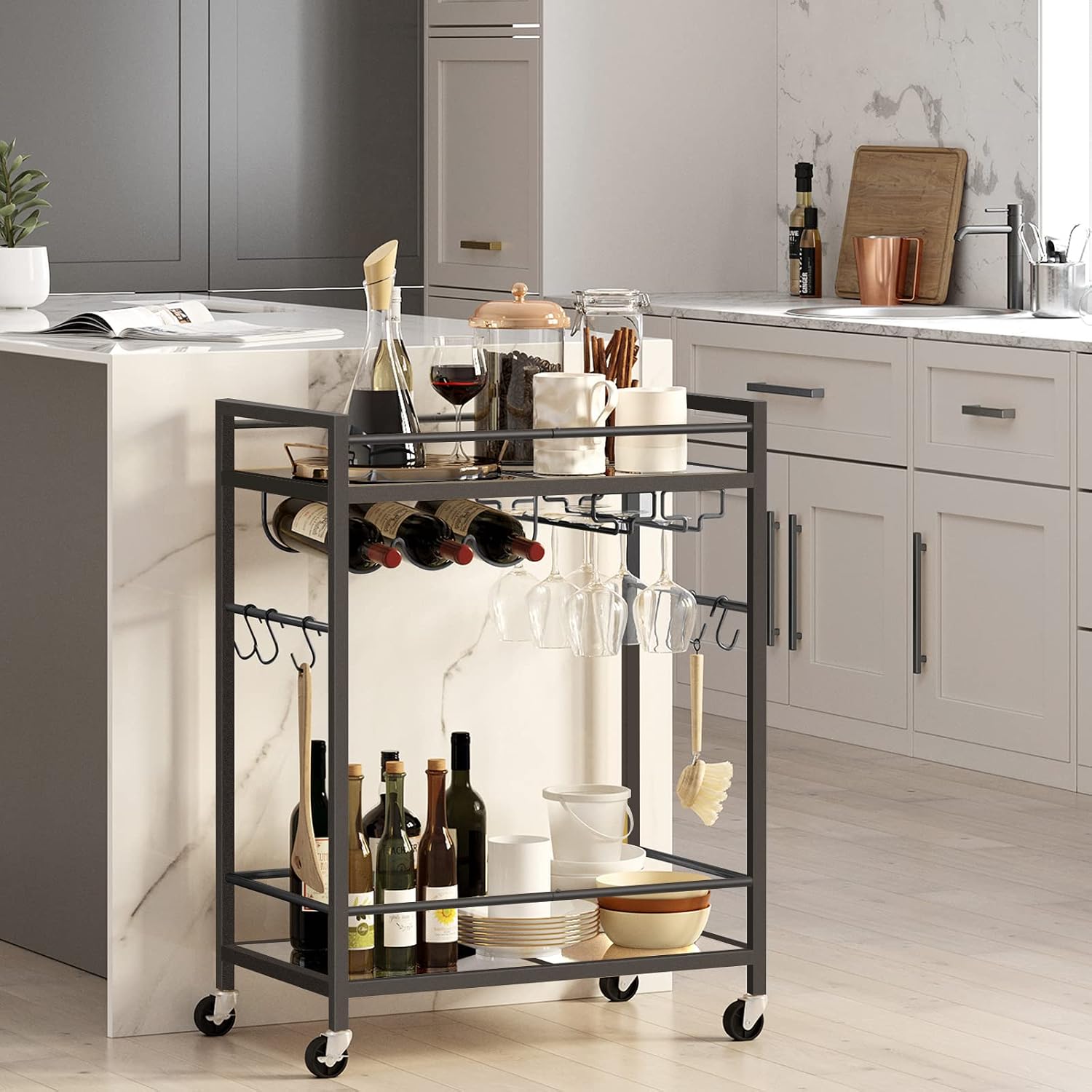 Black Rolling Wine Rack Bar Cart