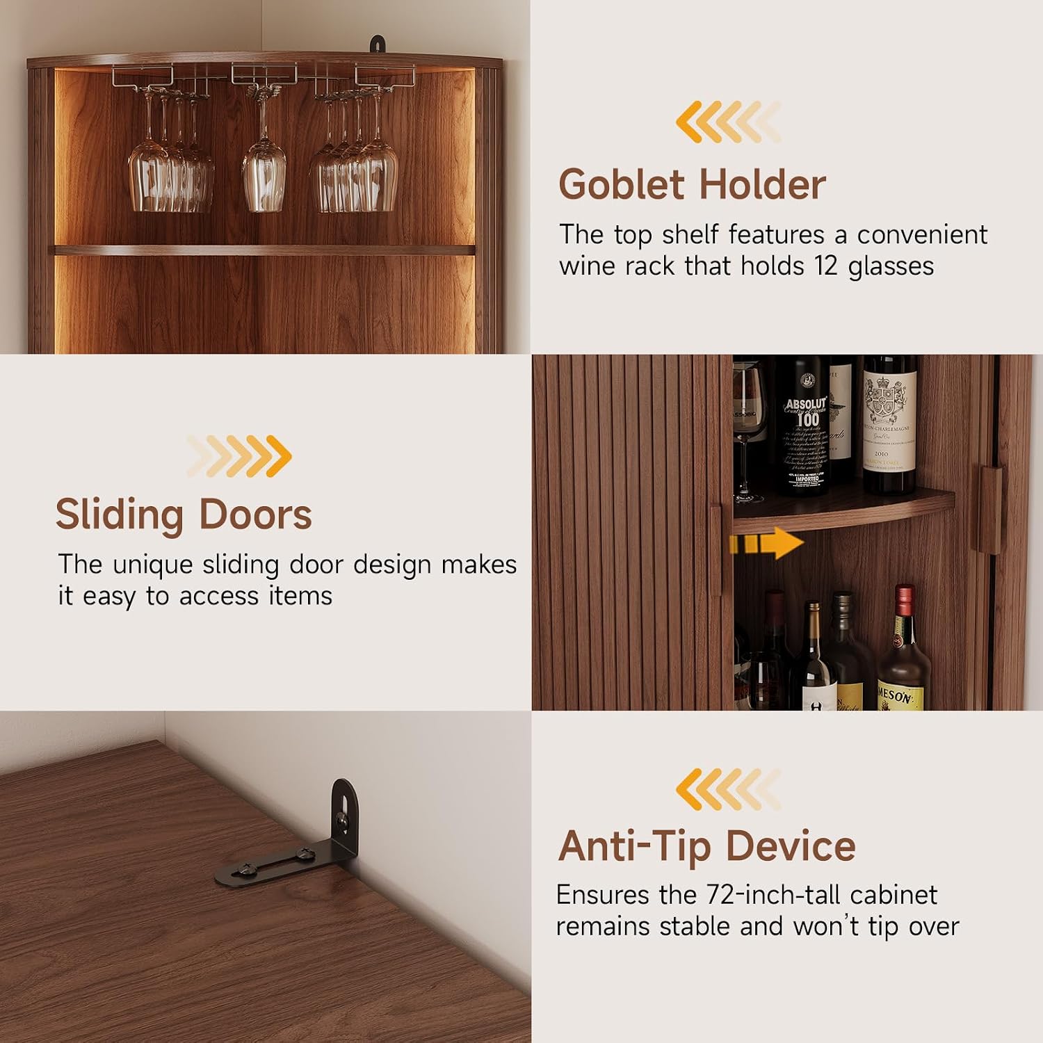 72" Walnut LED Fluted Corner Wine Bar Cabinet