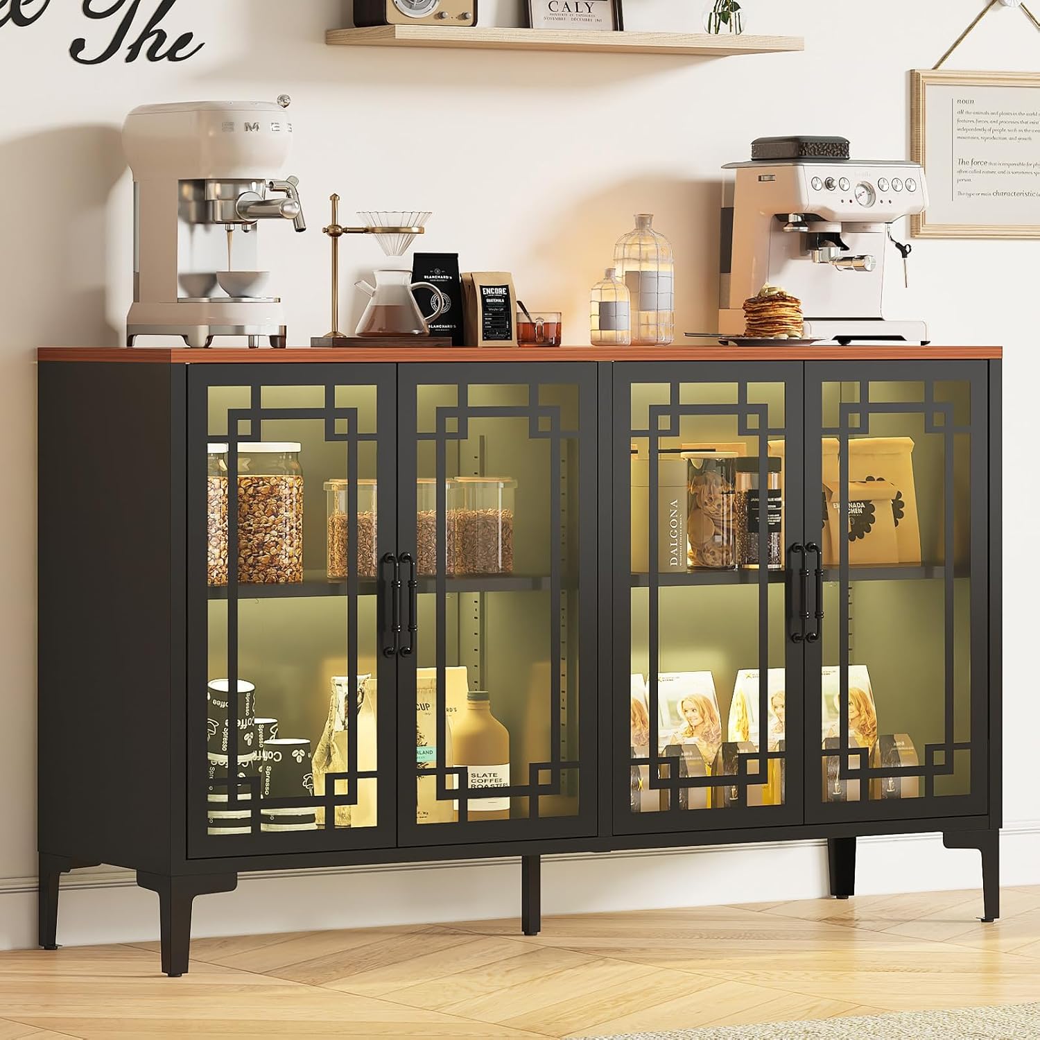 53" Black Farmhouse COB Light Glass Door Sideboard