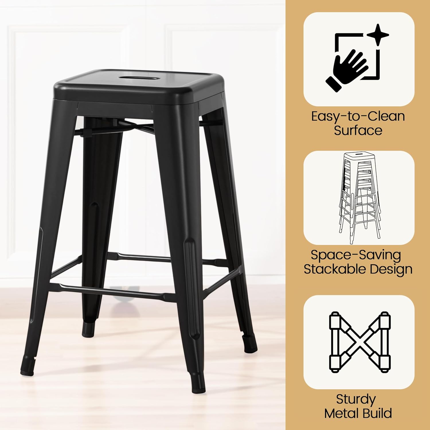 24" Black Stackable Bar Stools Set 4
