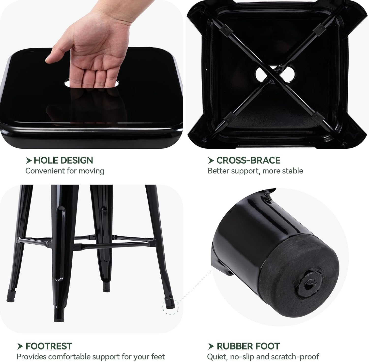 24" Black Square Seat Metal Backless Bar Stools Set of 2