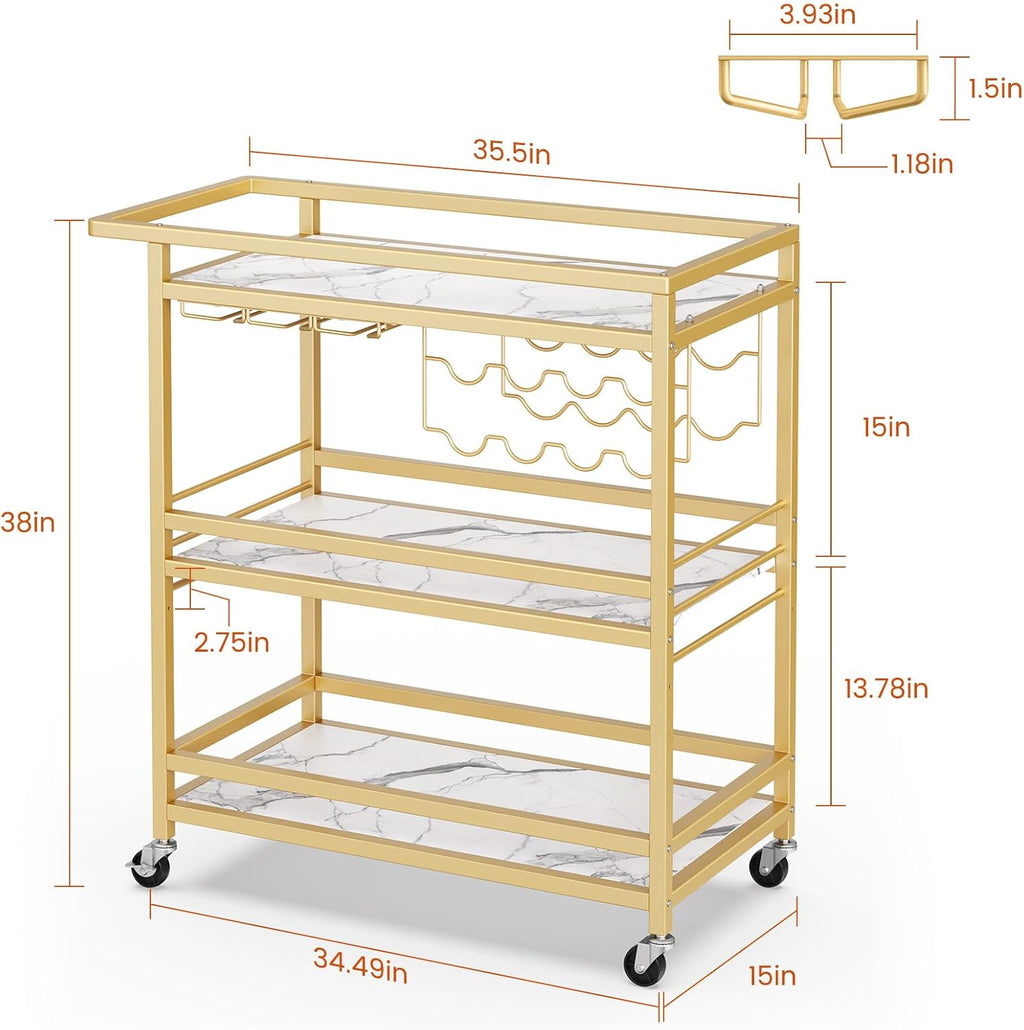3-Tier Gold Marble Rolling Bar Cart