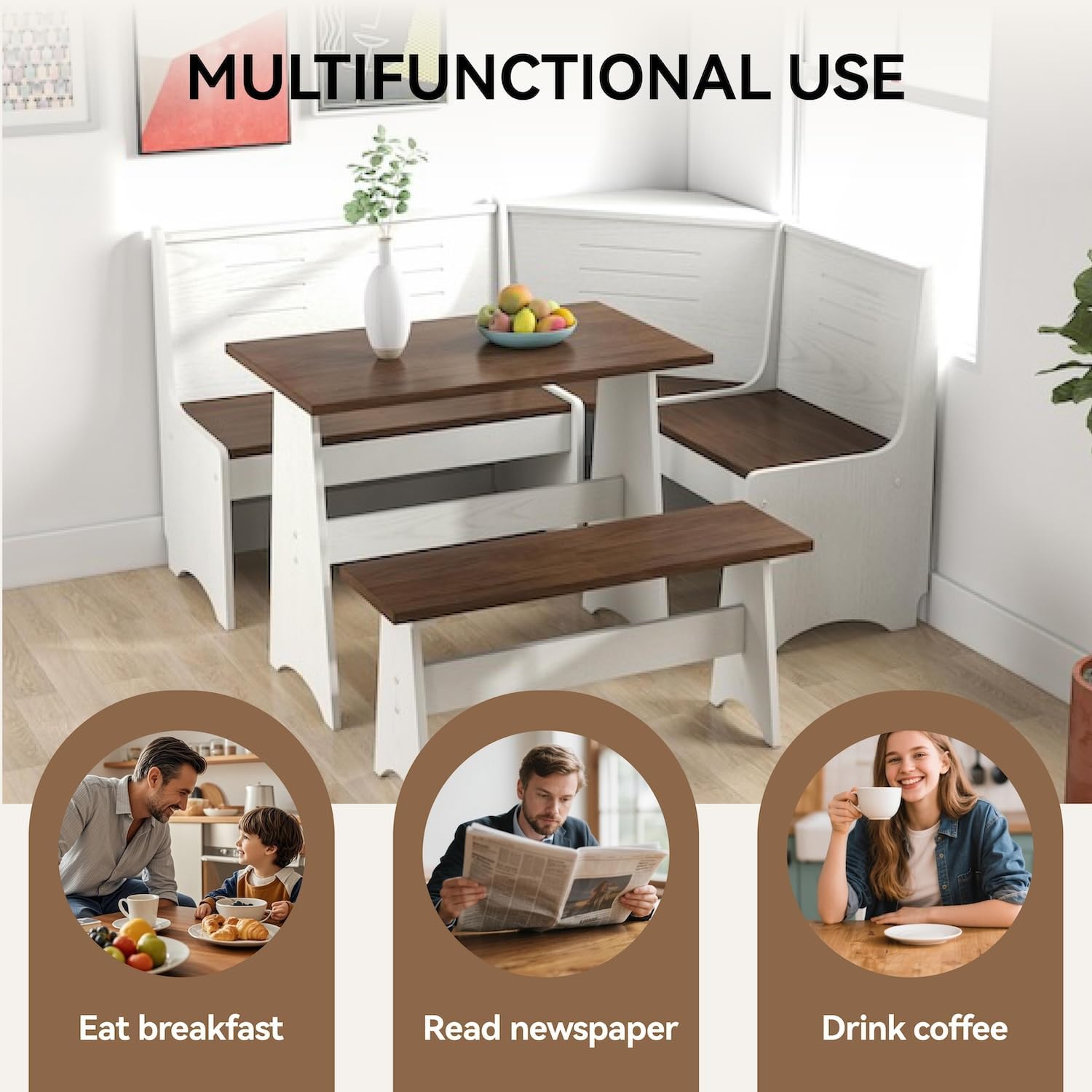 White Brown L-Shape Nook Dining Set