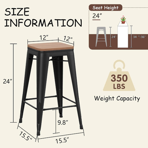 24" Wood Seat Black Bar Stools Set 4