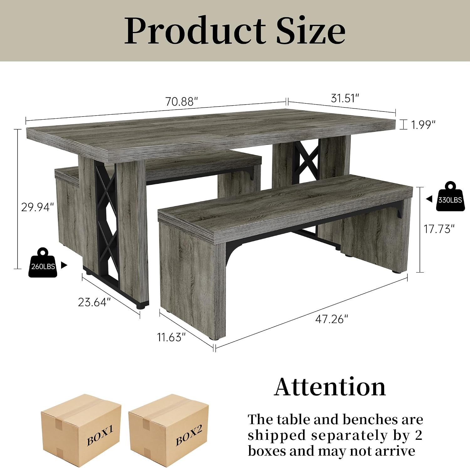 Grey 3pc Dining Table Bench Set