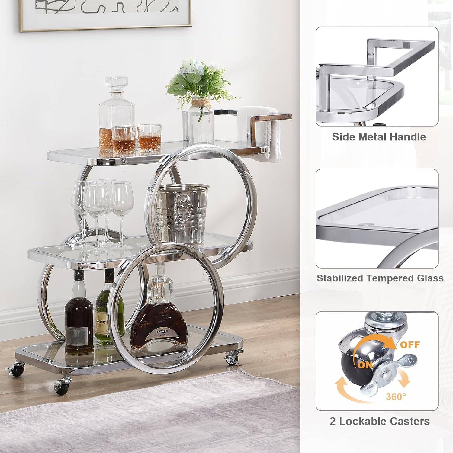 3-Tier Chrome Rolling Bar Cart