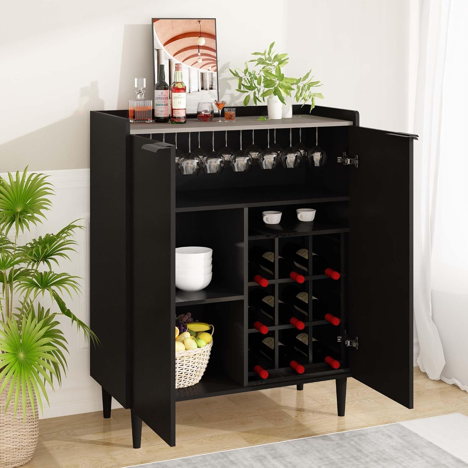 Industrial Black Wine Bar Storage Cabinet