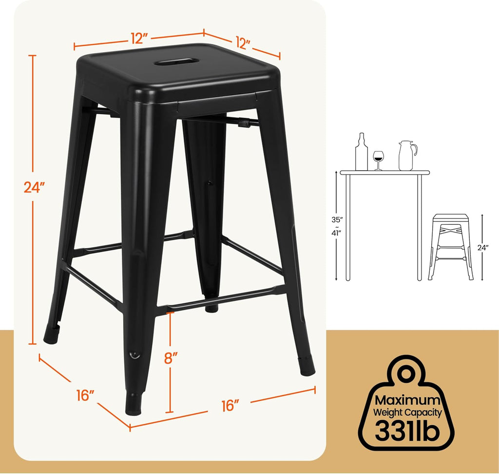 24" Black Stackable Bar Stools Set 4