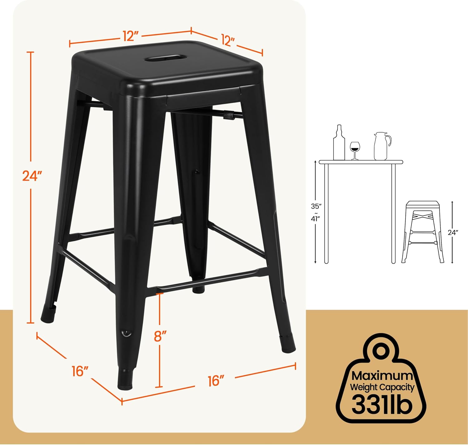24" Black Stackable Bar Stools Set 4