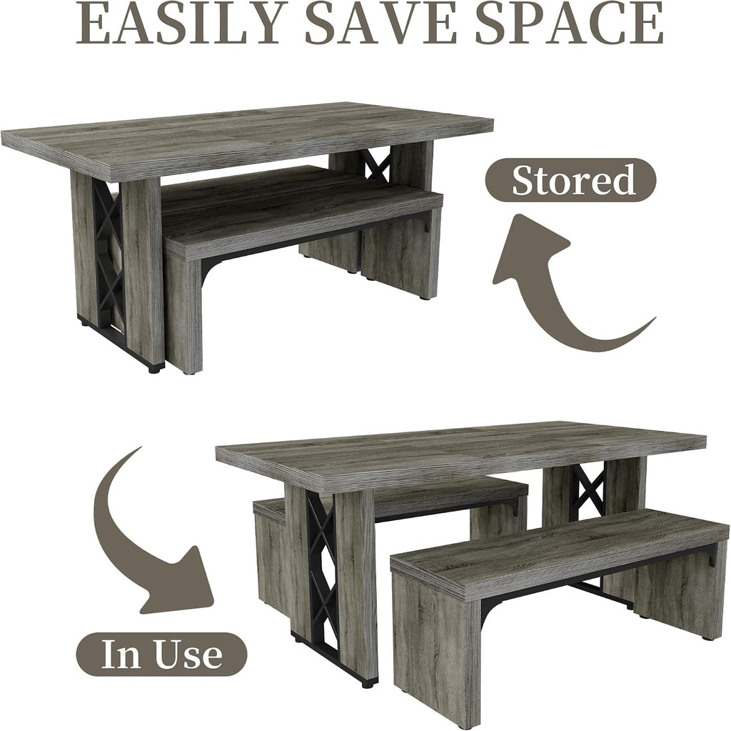 Grey 3pc Dining Table Bench Set