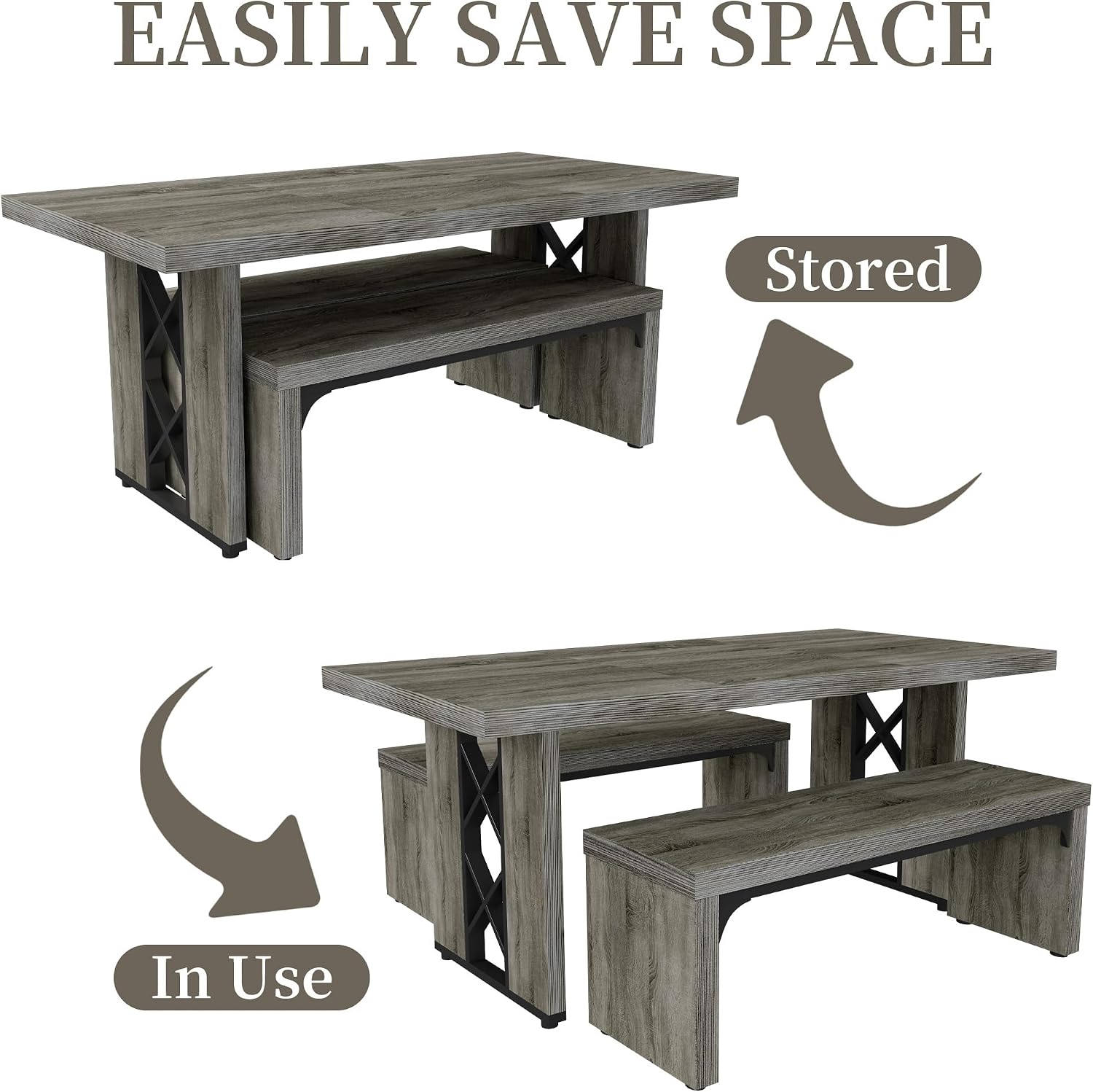 Grey 3pc Dining Table Bench Set