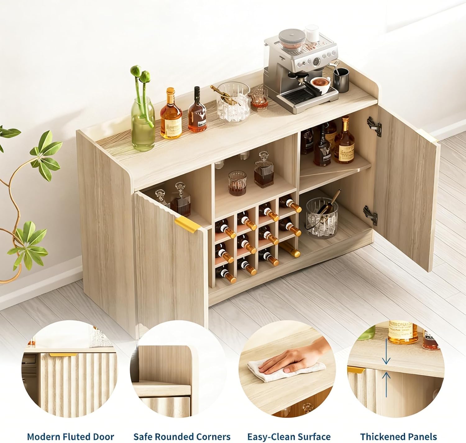 47" Fluted Wine & Coffee Bar Storage Sideboard