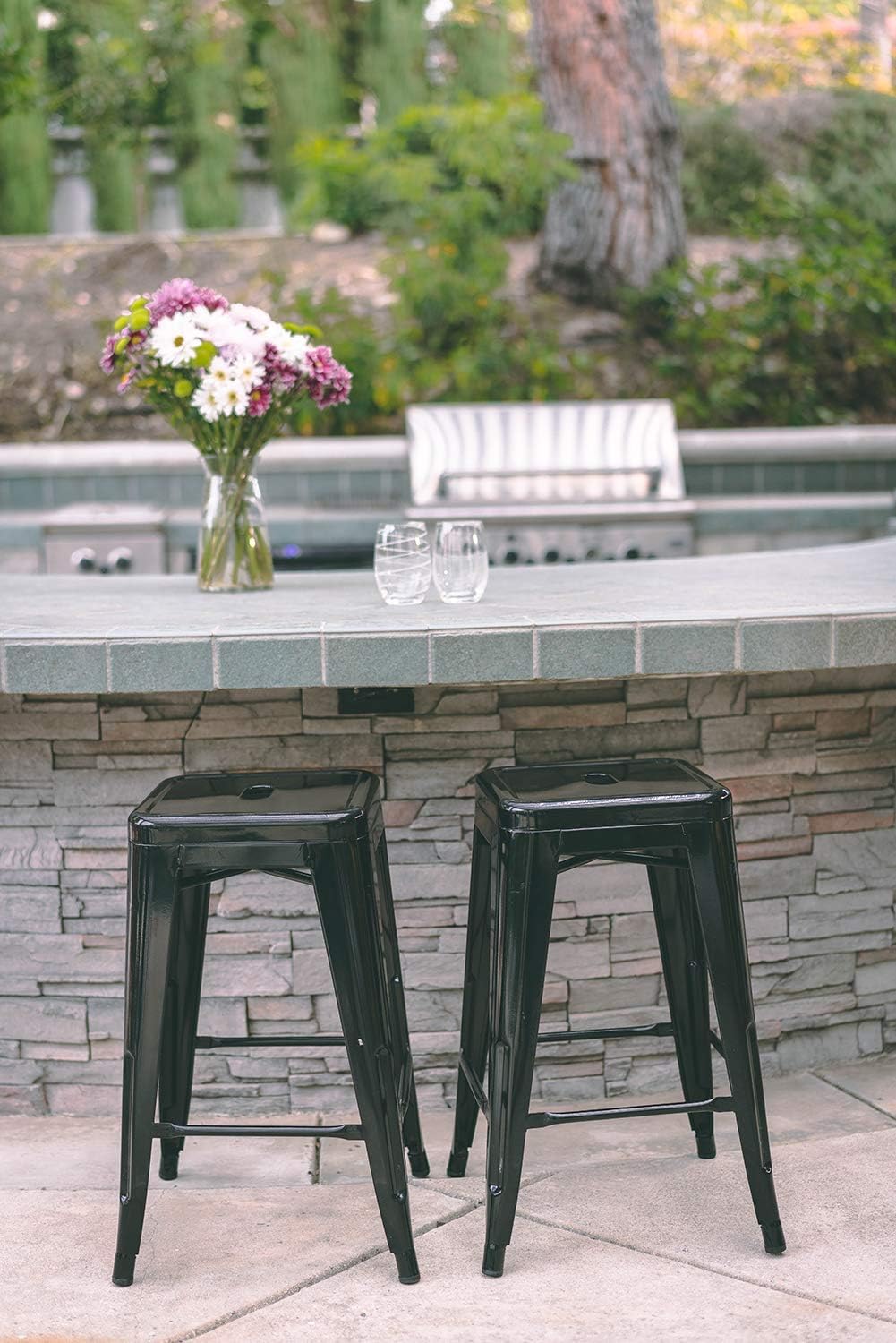 24" Black Square Seat Metal Backless Bar Stools Set of 2