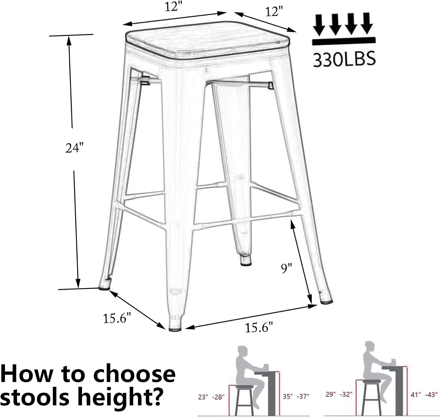 24" Black Wood Seat Bar Stools Set 4