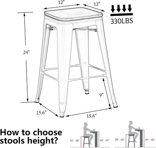 24" Black Wood Seat Bar Stools Set 4