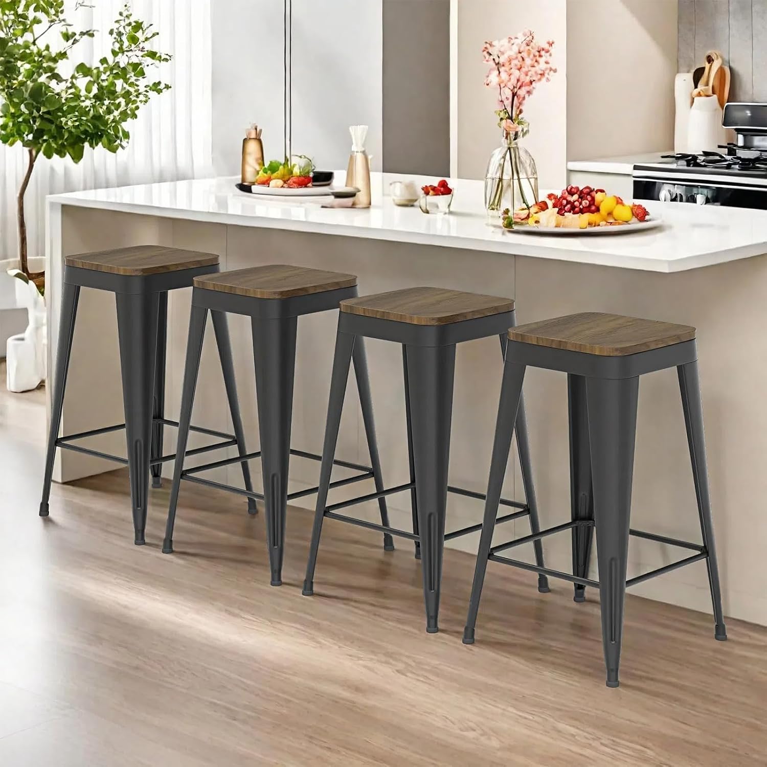 26" Black Industrial Metal Wood Seat Backless Bar Stools Set of 4