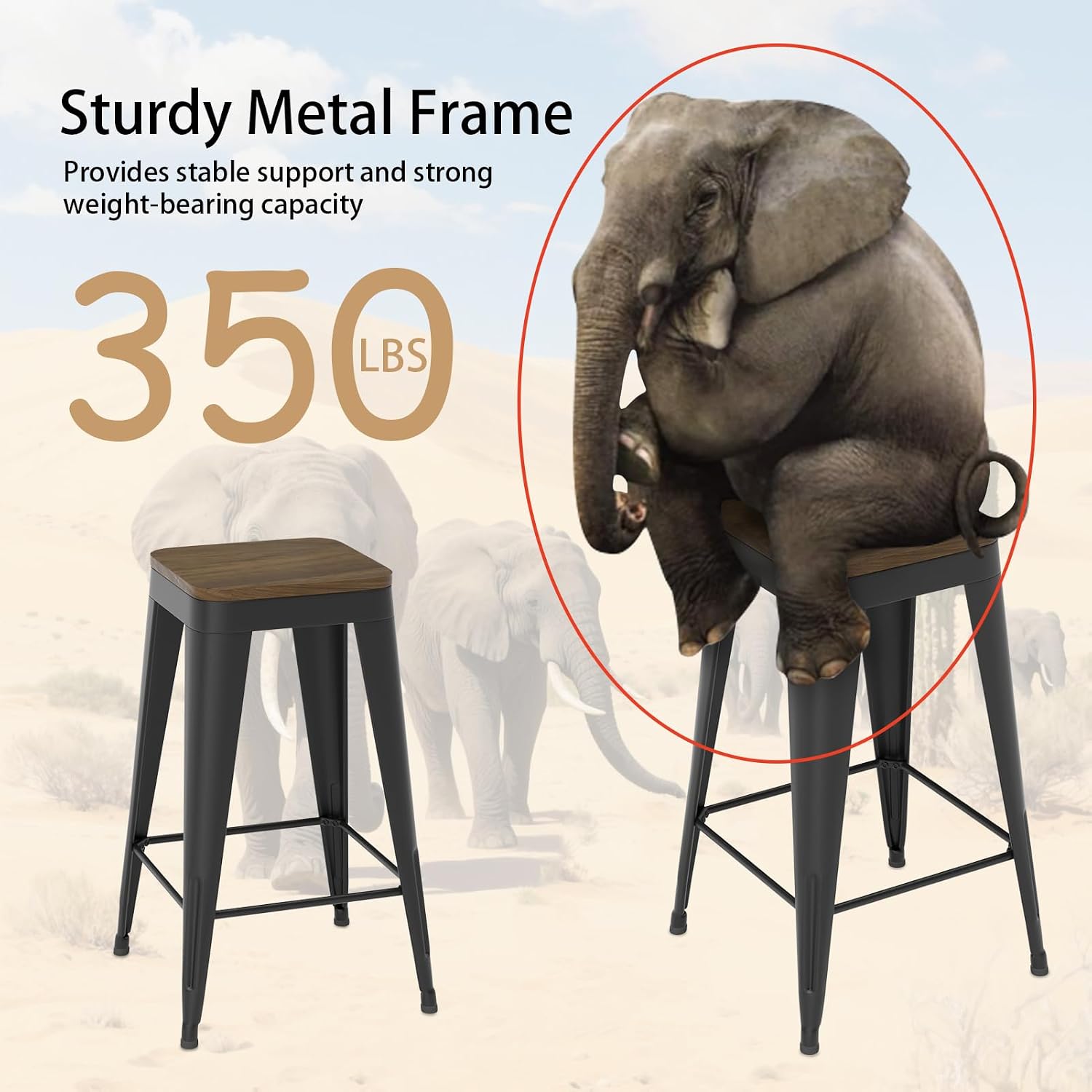 26" Black Industrial Metal Wood Seat Backless Bar Stools Set of 4