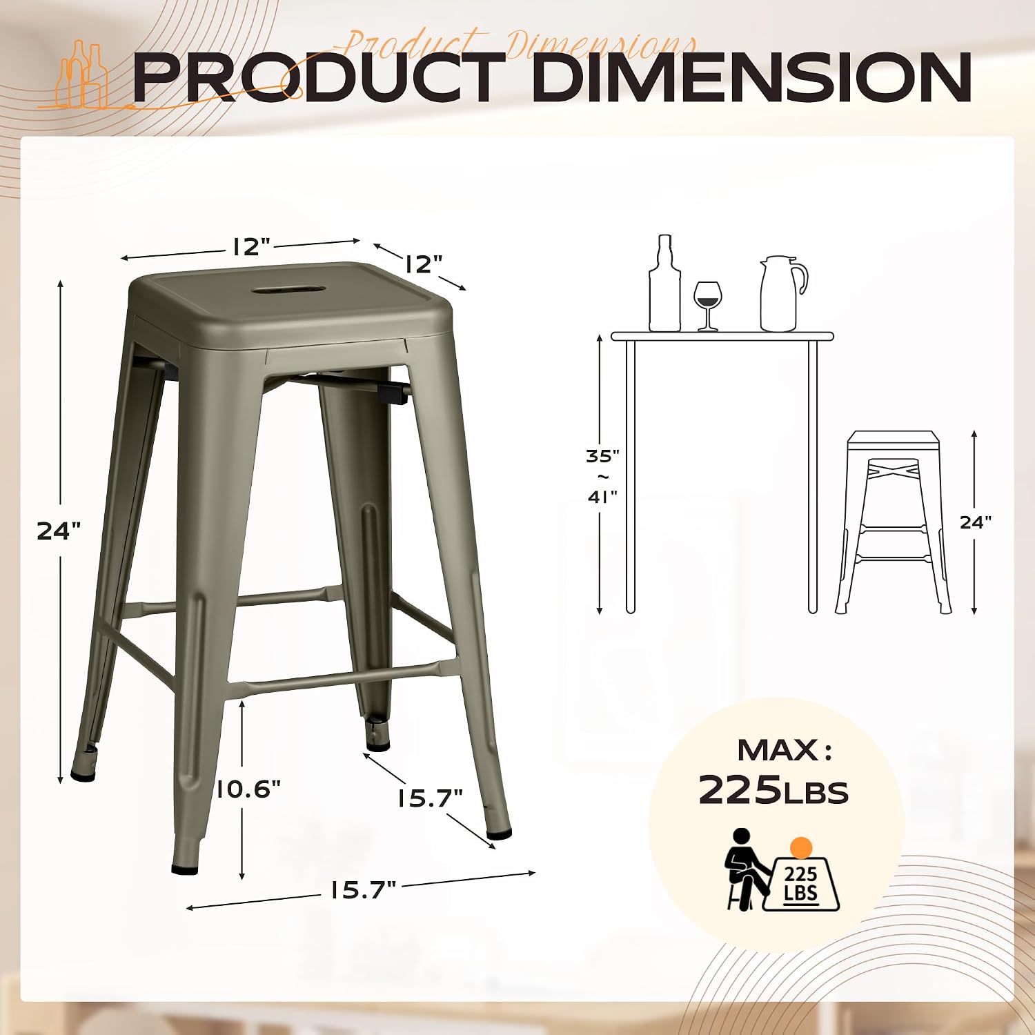24" Gun Metal Bar Stools Set 4