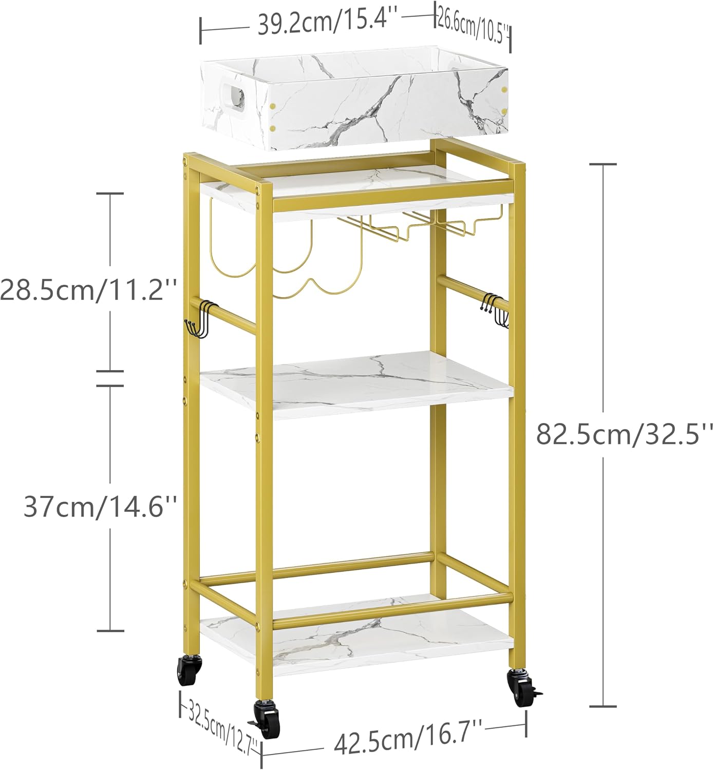 3-Tier Gold Rolling Bar Cart