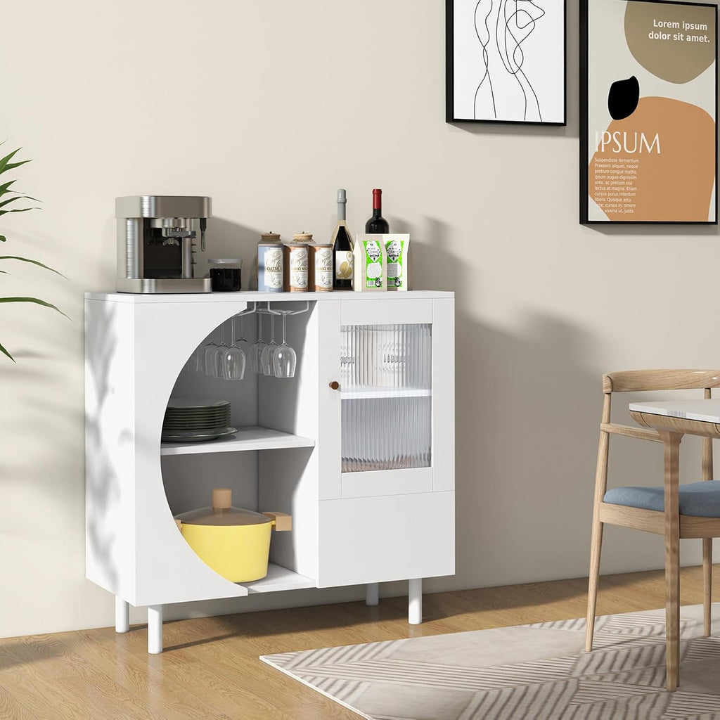 White Tempered Glass Door Wine Bar Buffet Cabinet
