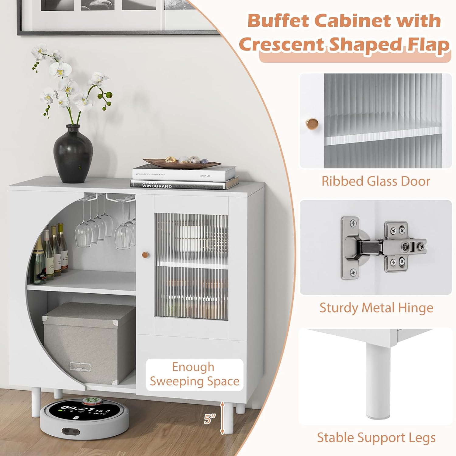 White Tempered Glass Door Wine Bar Buffet Cabinet