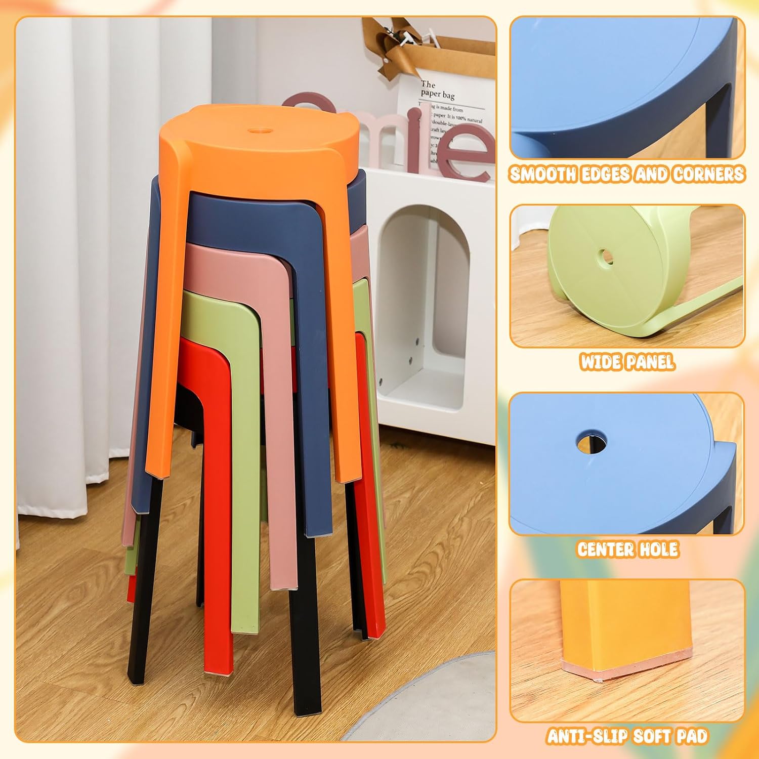 18" Colorful Round Plastic Stackable Stools Set of 6