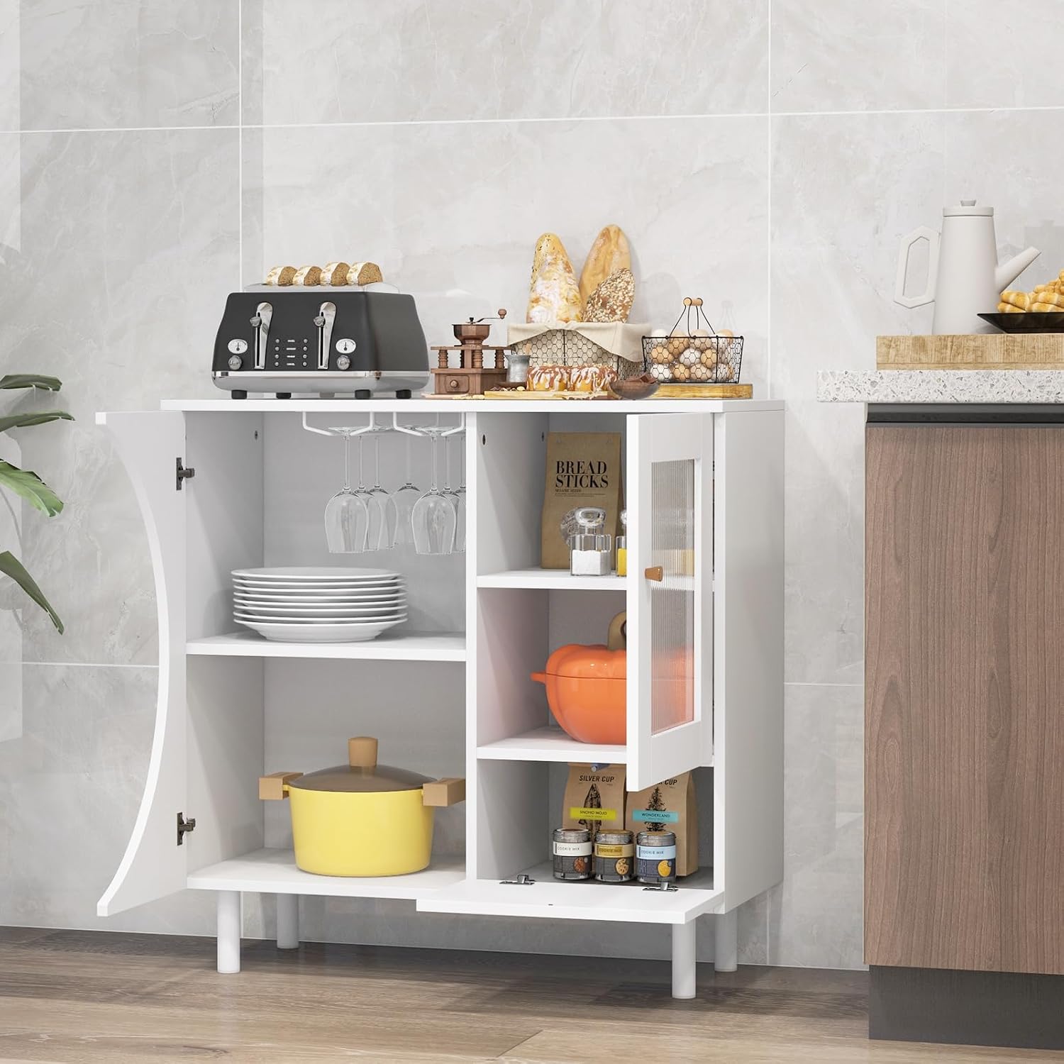 White Tempered Glass Door Wine Bar Buffet Cabinet