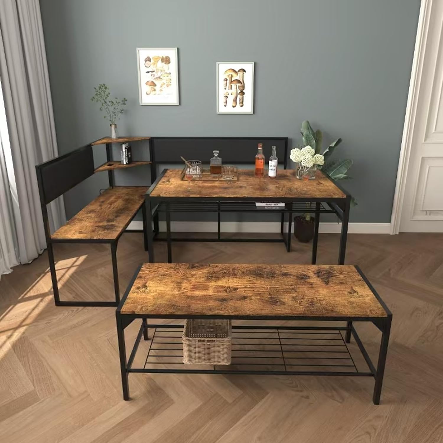 3pc Brown Corner Dining Nook Set