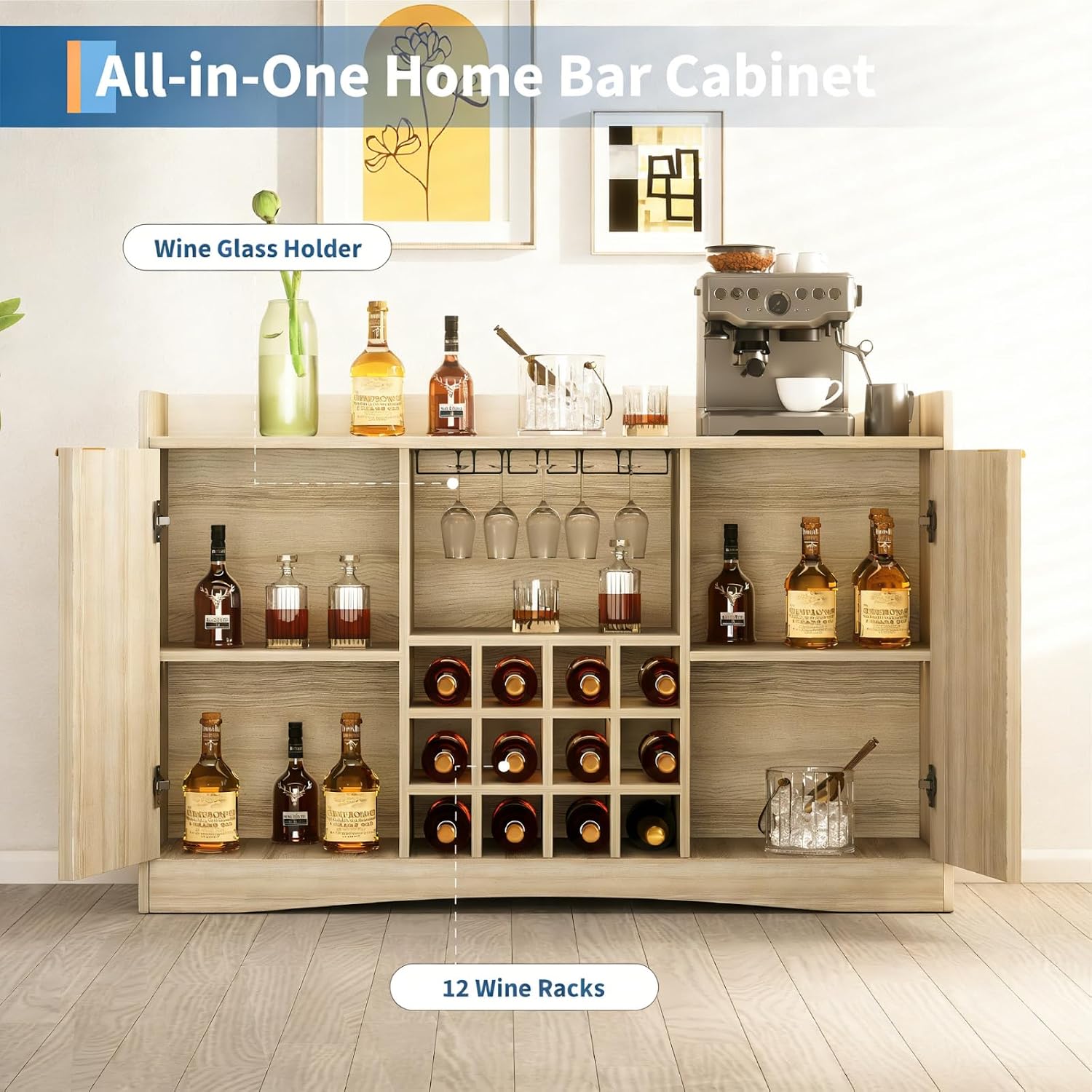 47" Fluted Wine & Coffee Bar Storage Cabinet