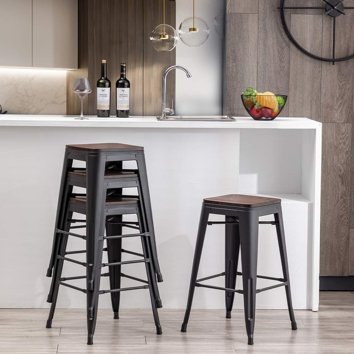 24" Black Wood Seat Bar Stools Set 4