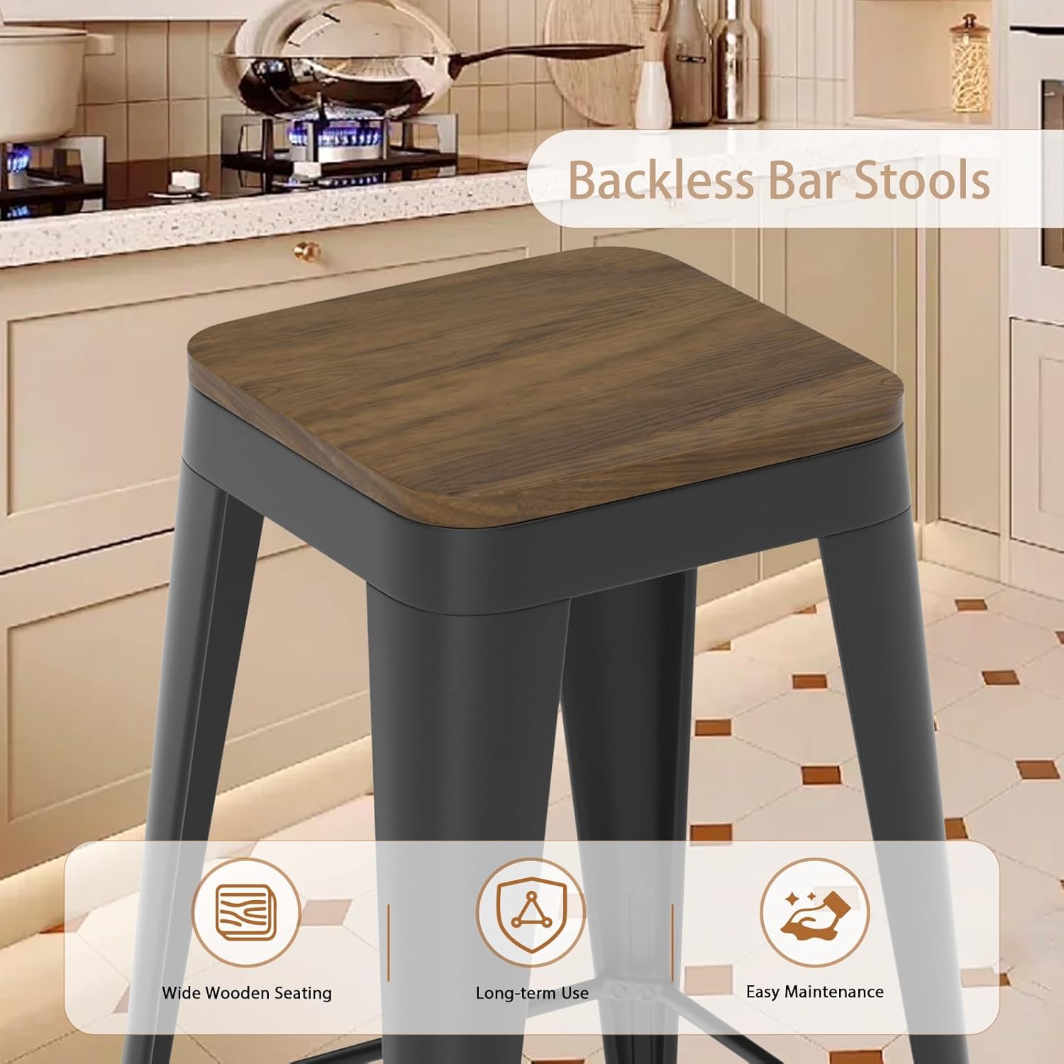 26" Black Industrial Metal Wood Seat Backless Bar Stools Set of 4