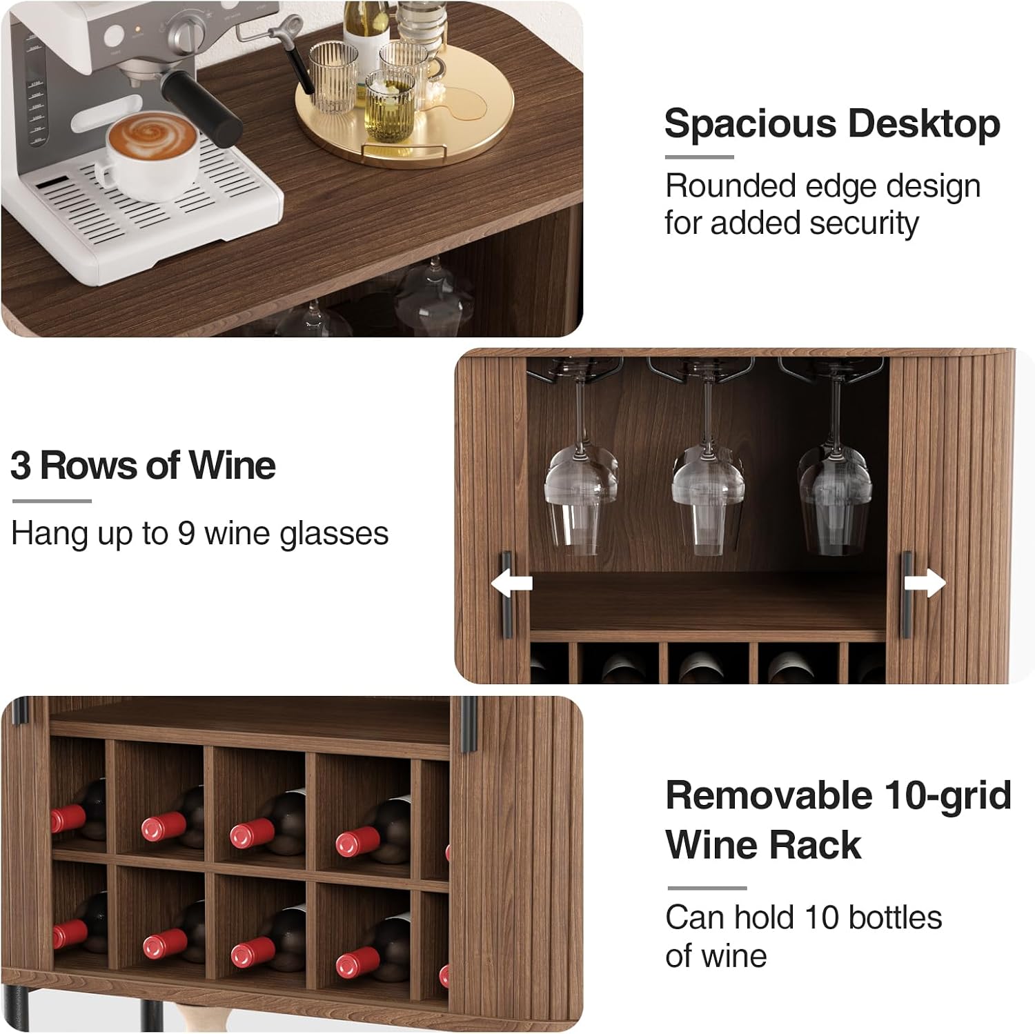 Walnut Fluted Sliding Door Wine Bar Cabinet