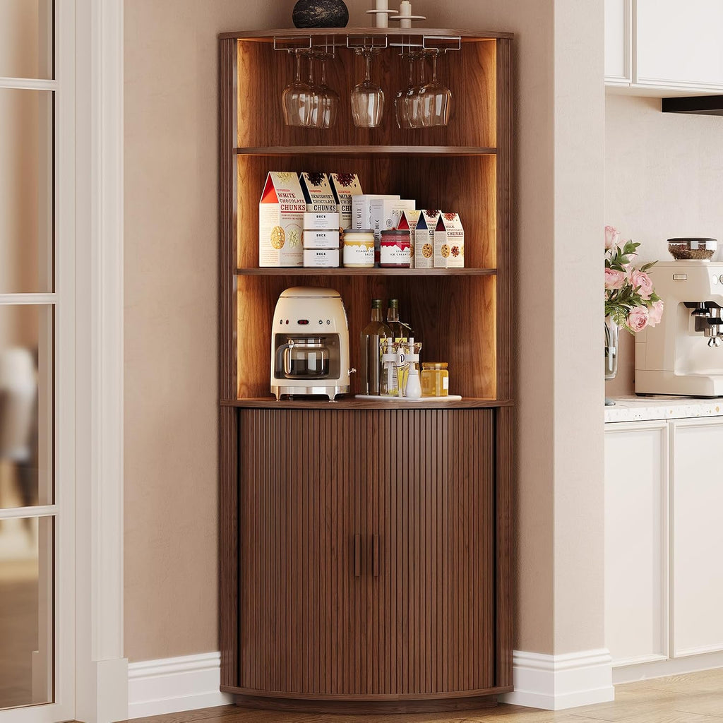 72" Walnut LED Fluted Corner Wine Bar Cabinet
